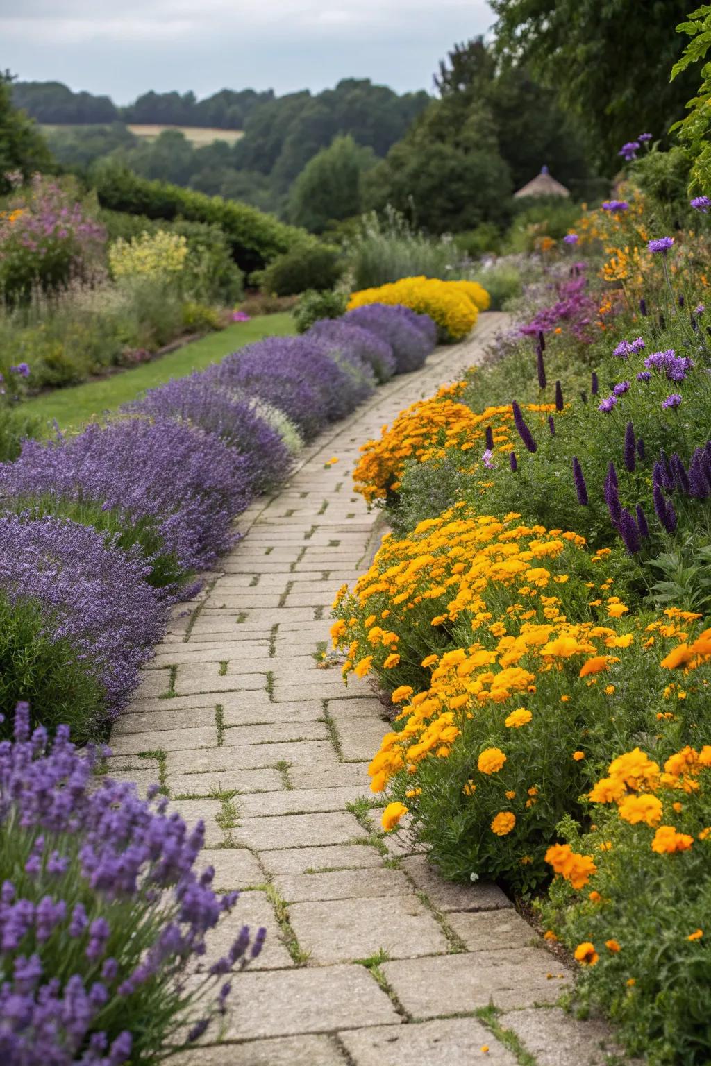 A garden path bordered with lavender and marigolds.