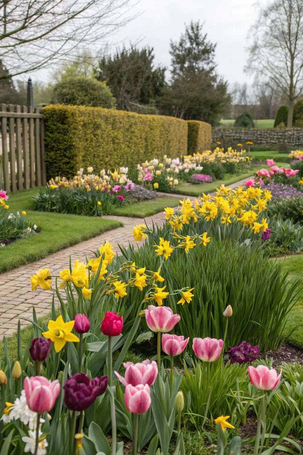 A colorful flower bed with tulips and daffodils.