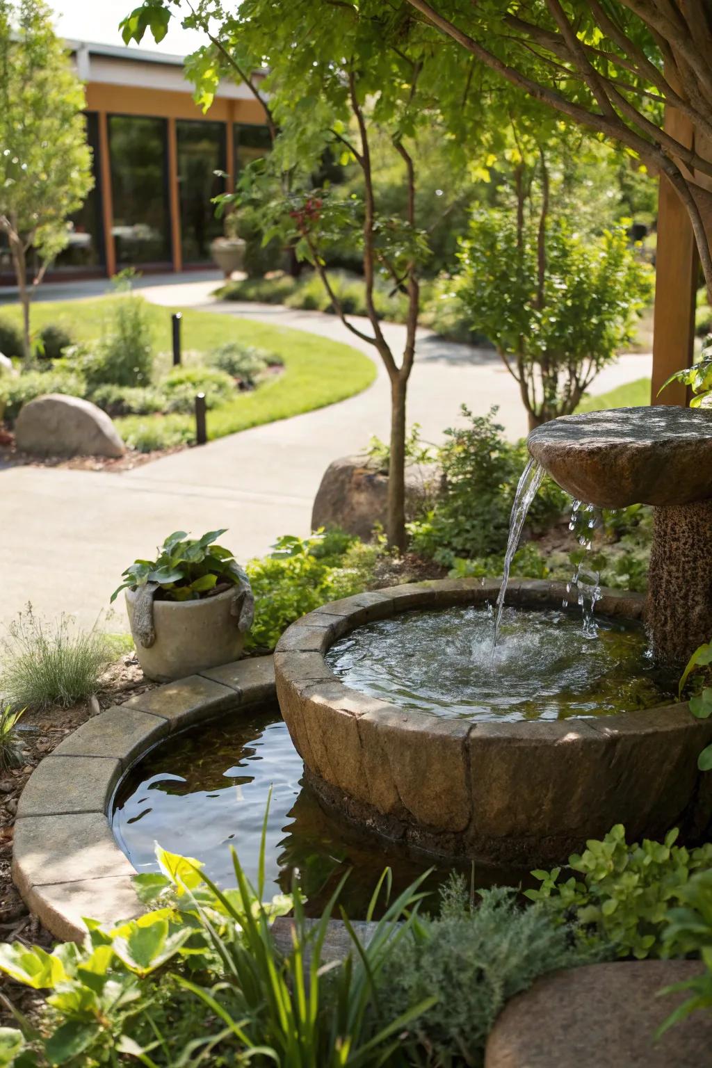 A small garden water feature with lush greenery.