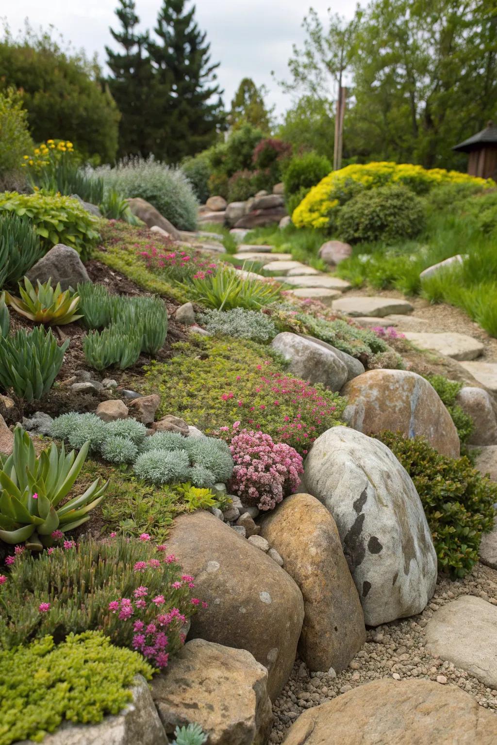 A rock garden with succulents and stones.