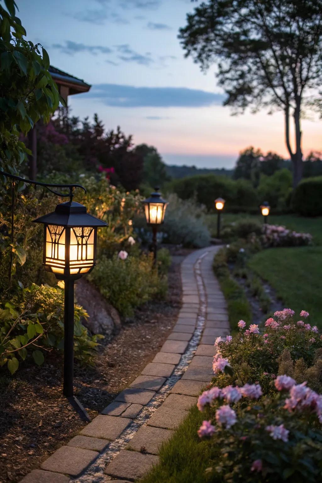 Solar-powered lanterns lighting a garden at night.