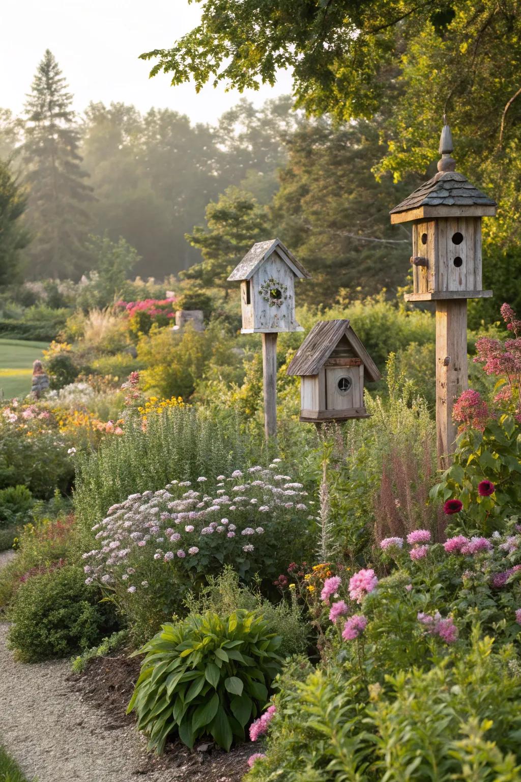 A garden wildlife haven with birdhouses and native flora.