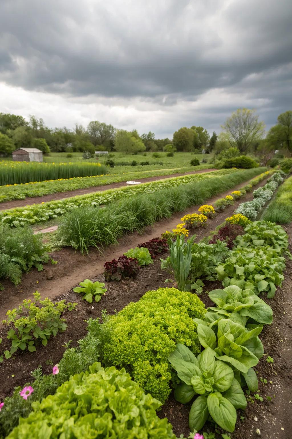 A vegetable garden with fresh herbs and greens.