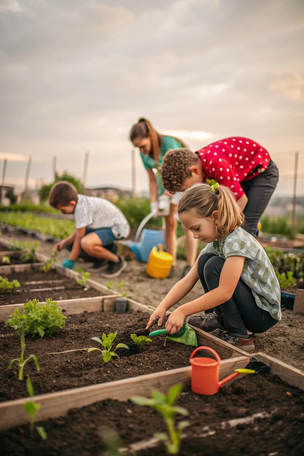 Children enjoying gardening with their own garden patches.