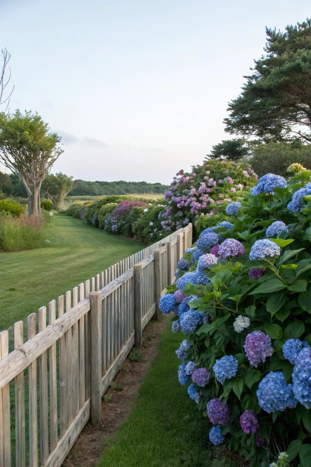 Hydrangeas providing natural privacy along a garden fence