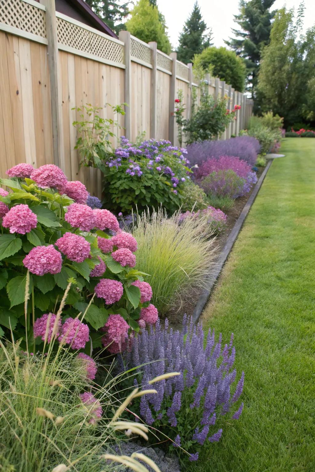 Hydrangeas paired with lavender and grasses for a textured border