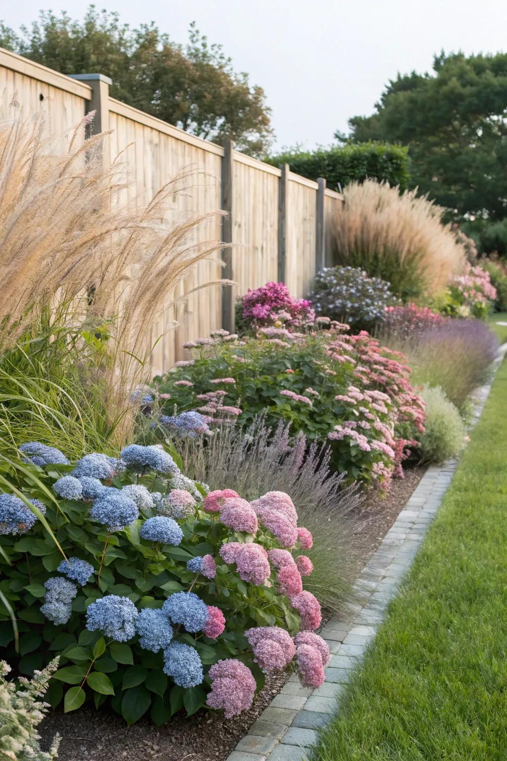Dynamic border with hydrangeas and ornamental grasses