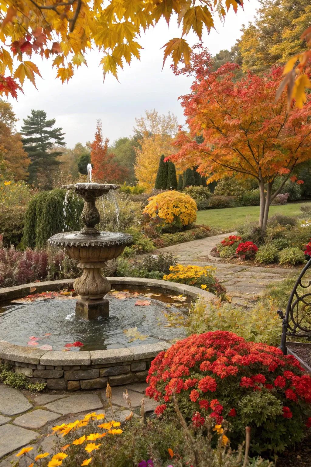 A water feature adds tranquility to your fall setup.