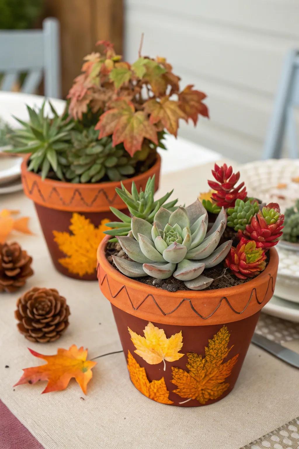 A succulent centerpiece adds a modern touch to fall decor.