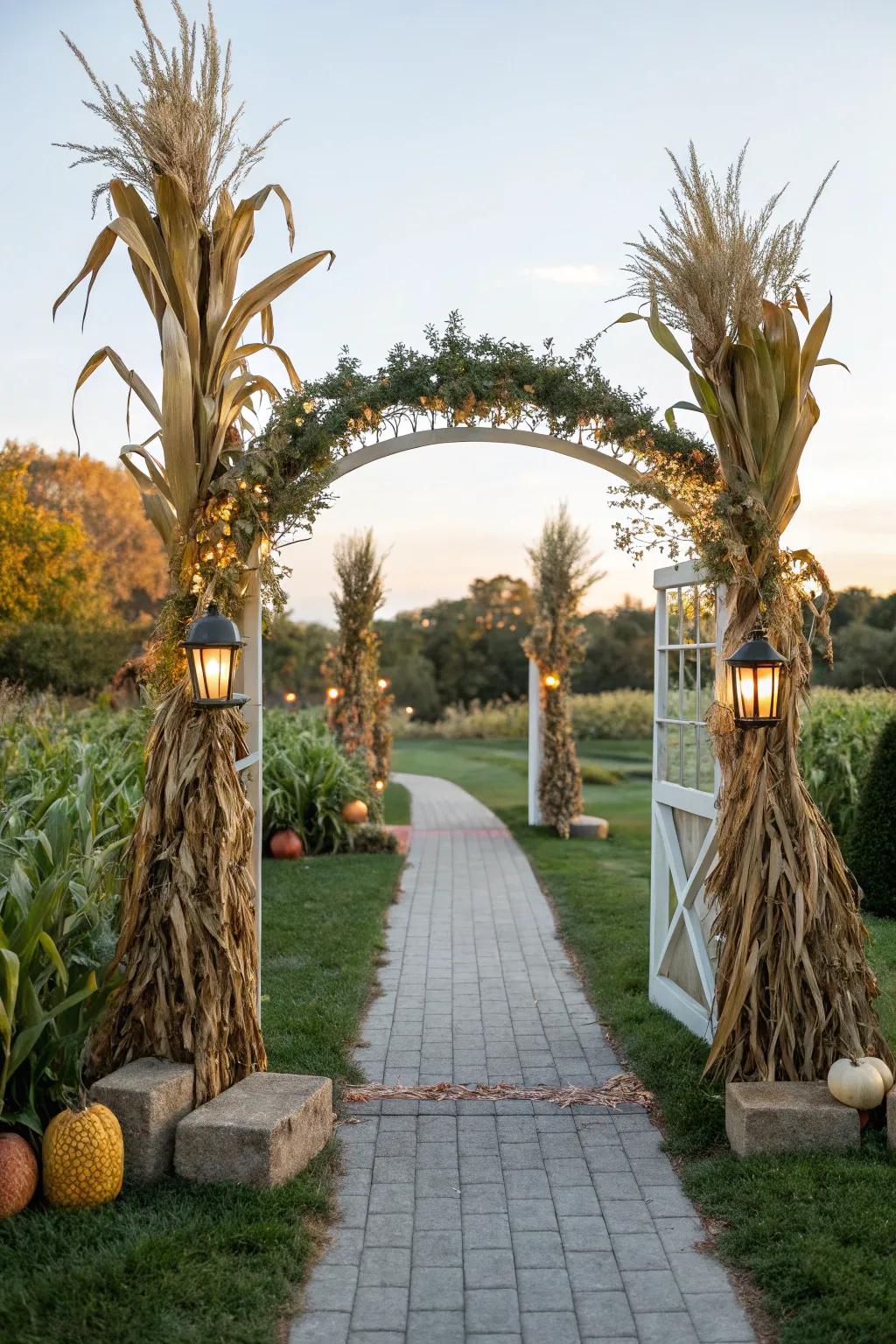 Corn stalks offer a grand welcome to your autumn garden.