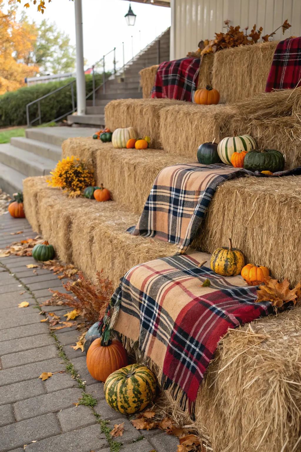 Hay bales introduce a rustic charm to your garden decor.
