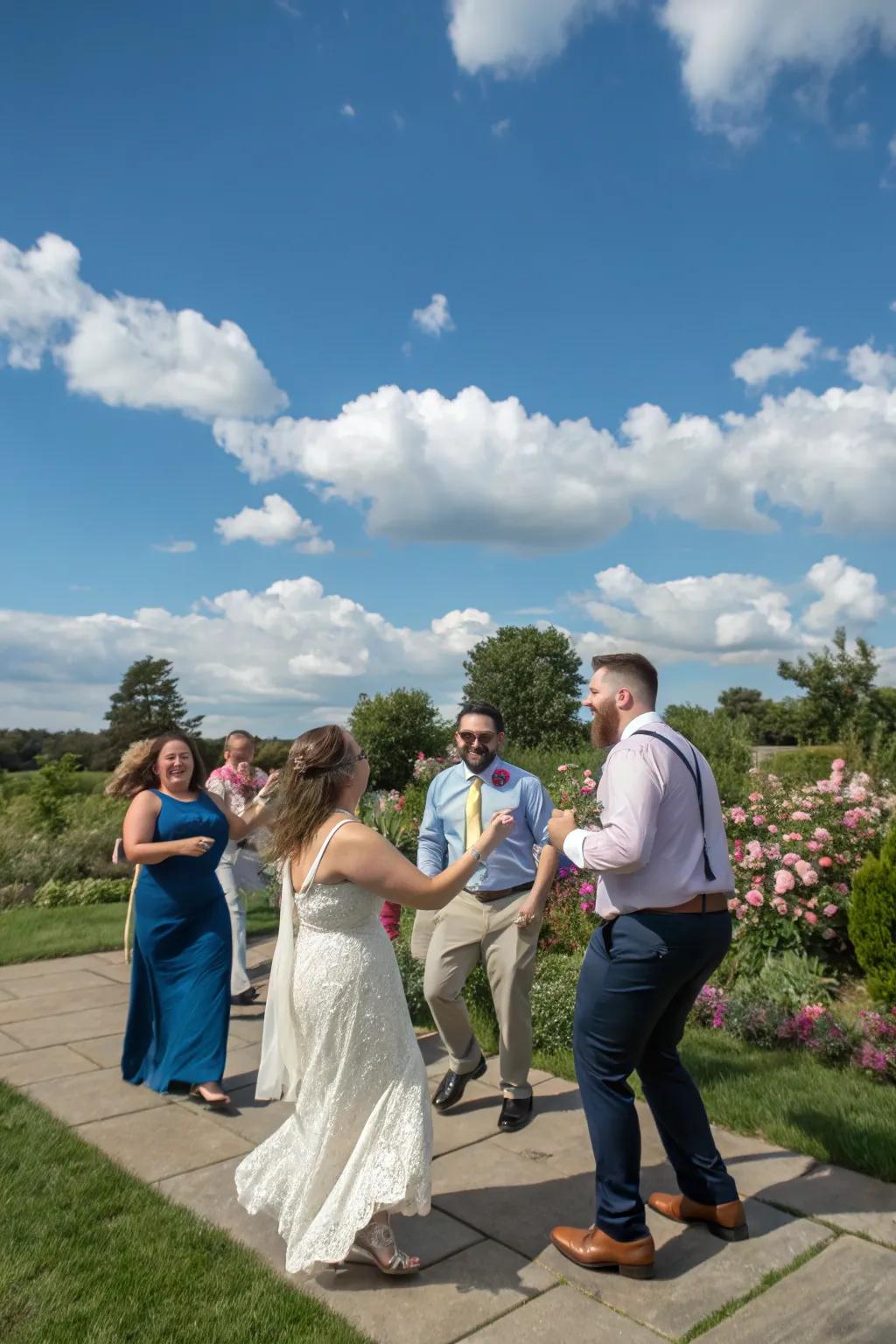 Guests in casual attire having fun at an outdoor wedding.