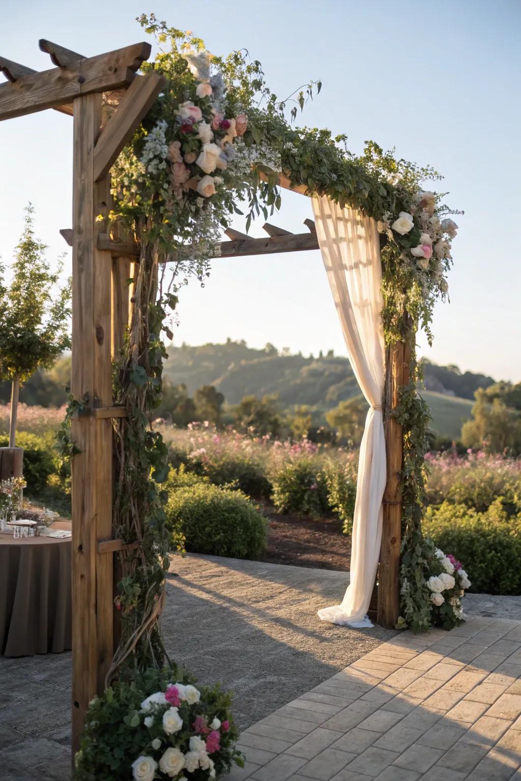 A nature-inspired wedding arch for an outdoor ceremony.