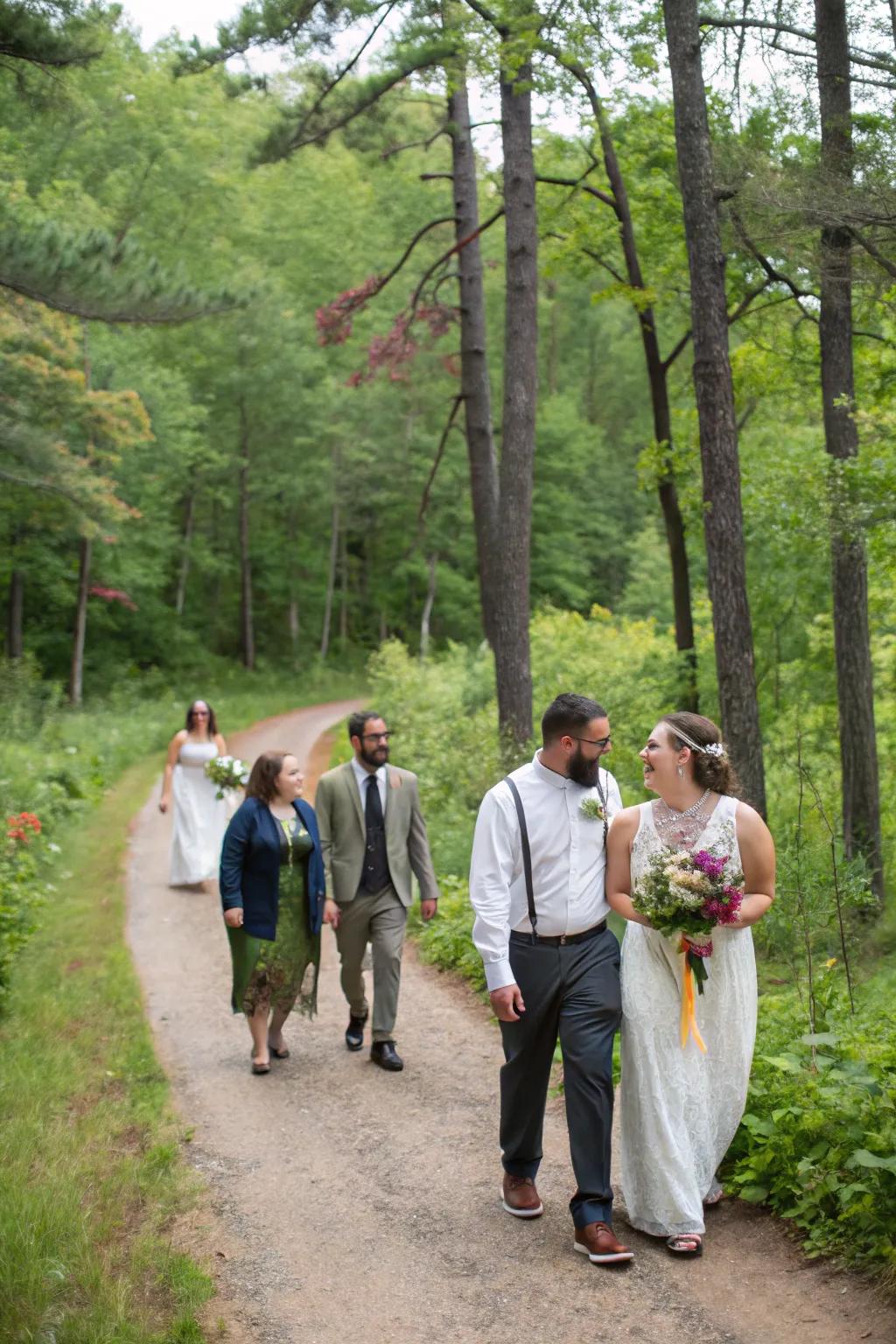 Guests enjoying a guided nature hike as part of the wedding festivities.