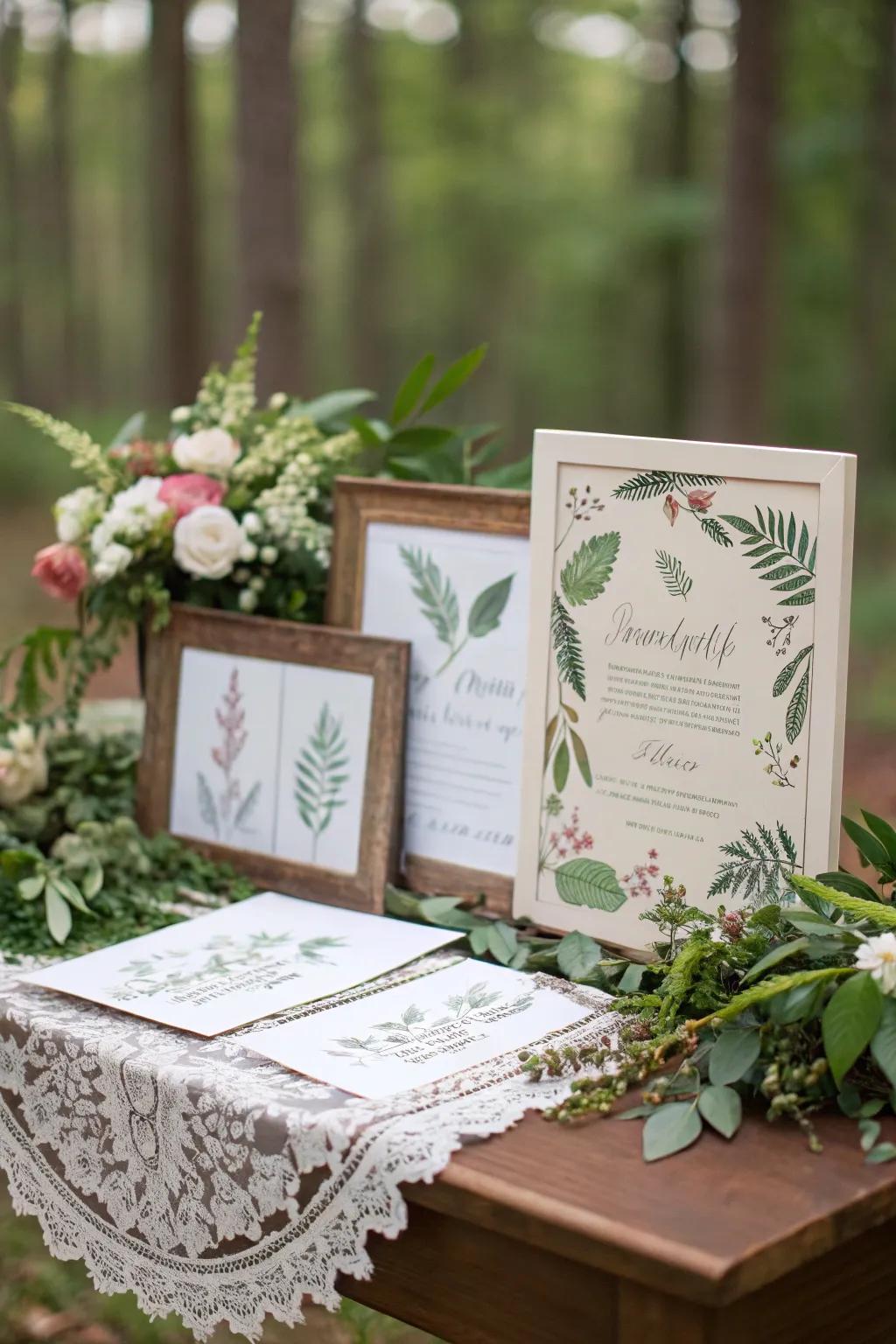 Nature-themed invitations setting the tone for an outdoor wedding.