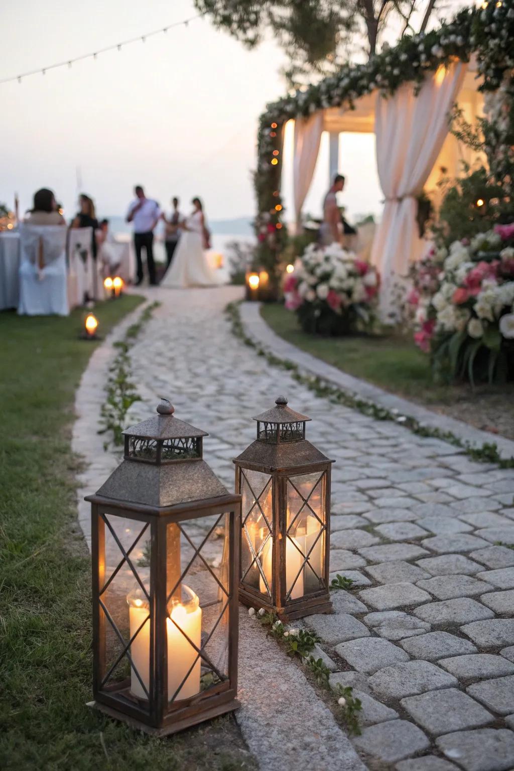 Charming vintage lanterns illuminating the wedding venue.