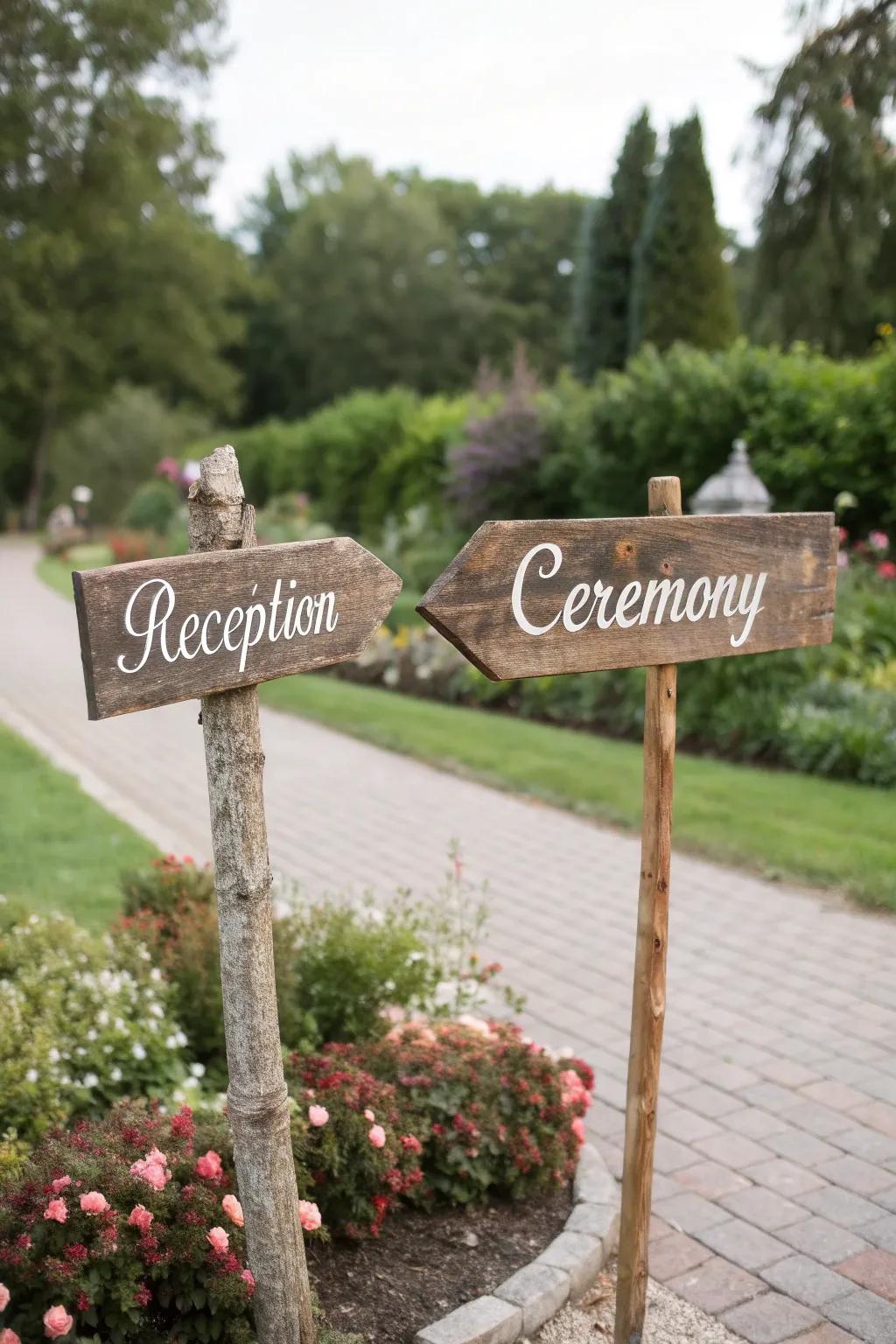 Rustic wooden signage guiding guests through the venue.