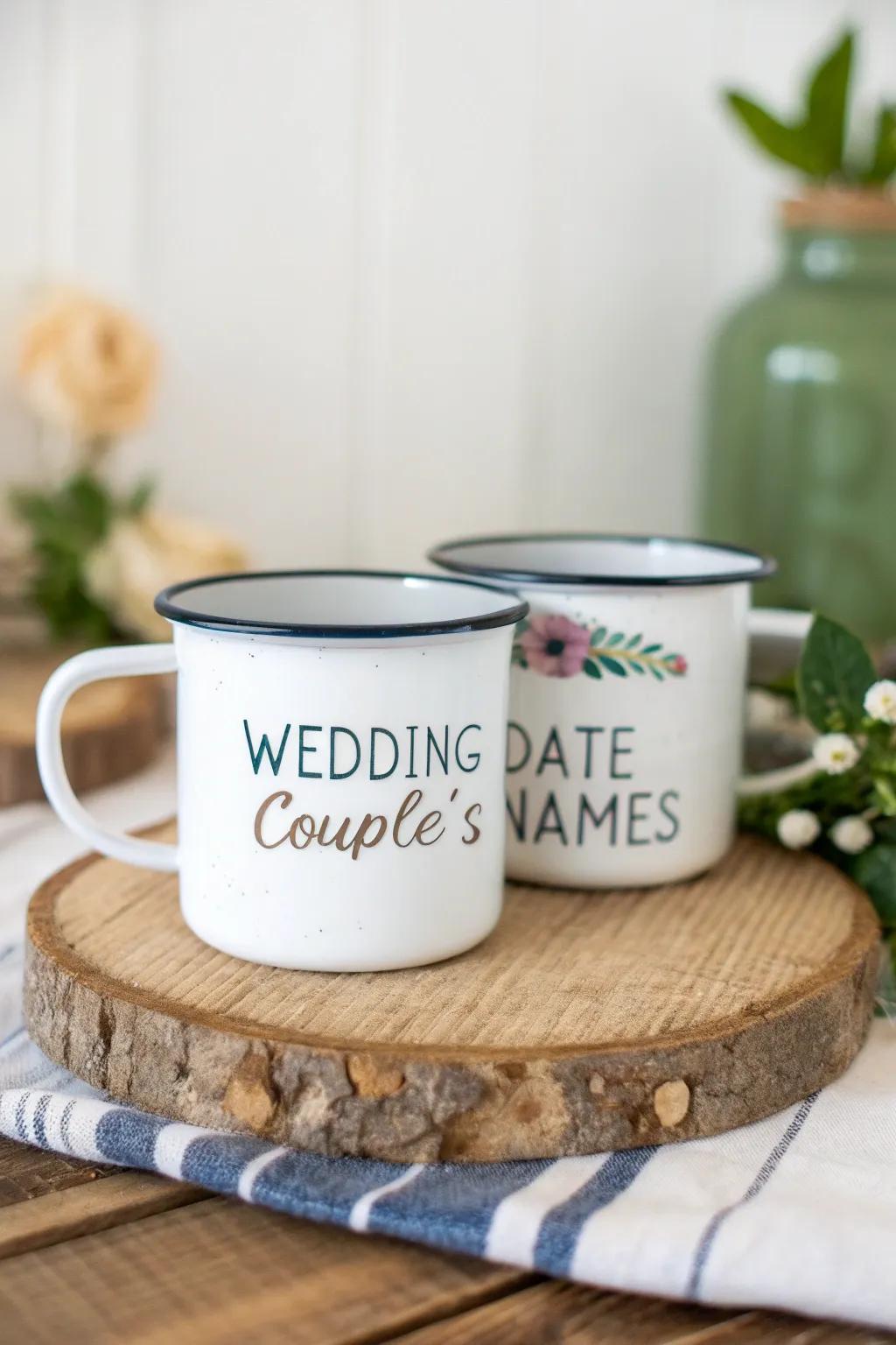 Personalized camping mugs serve as a memorable wedding favor.