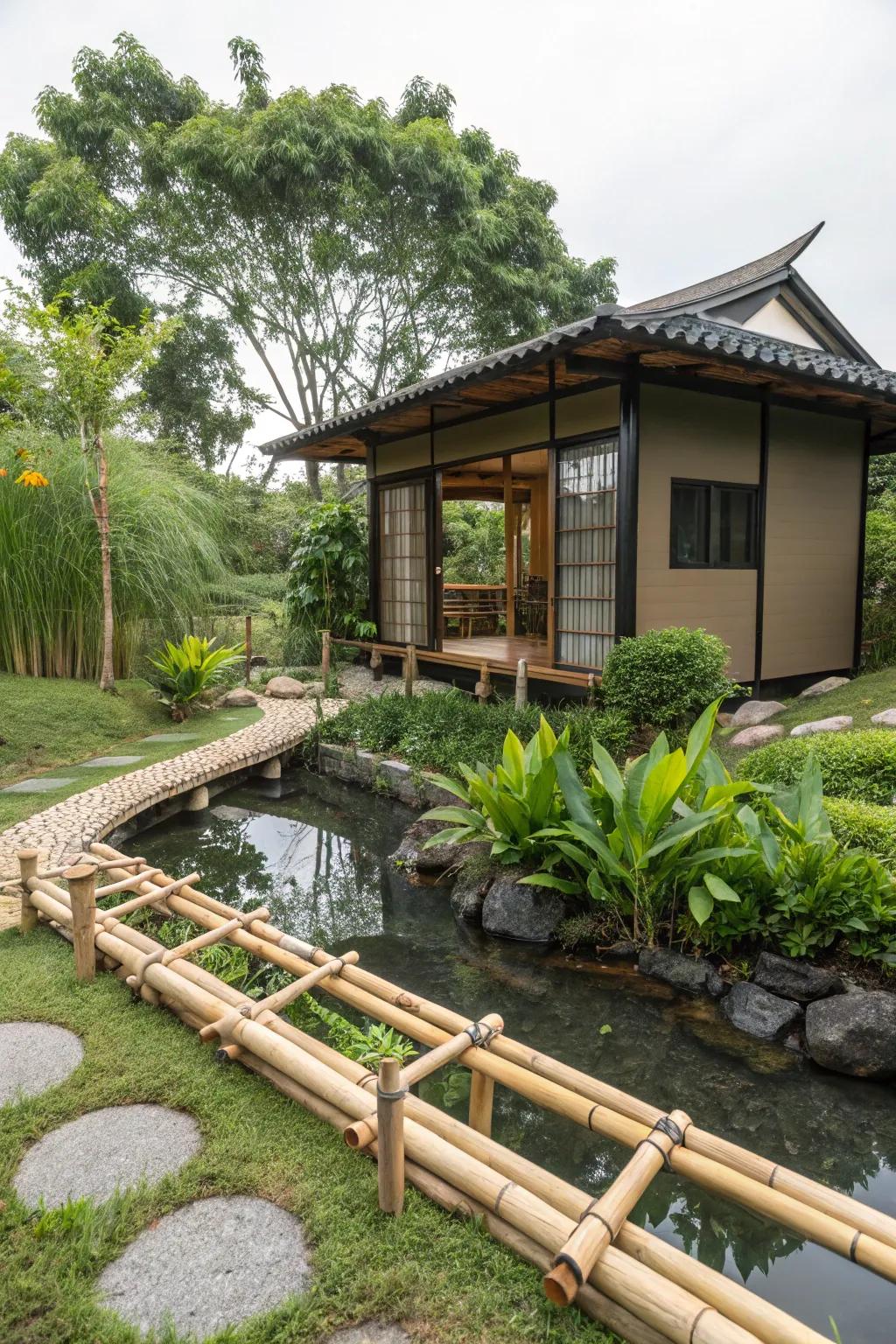 A water feature adds tranquility and a touch of nature to a modern bahay kubo.