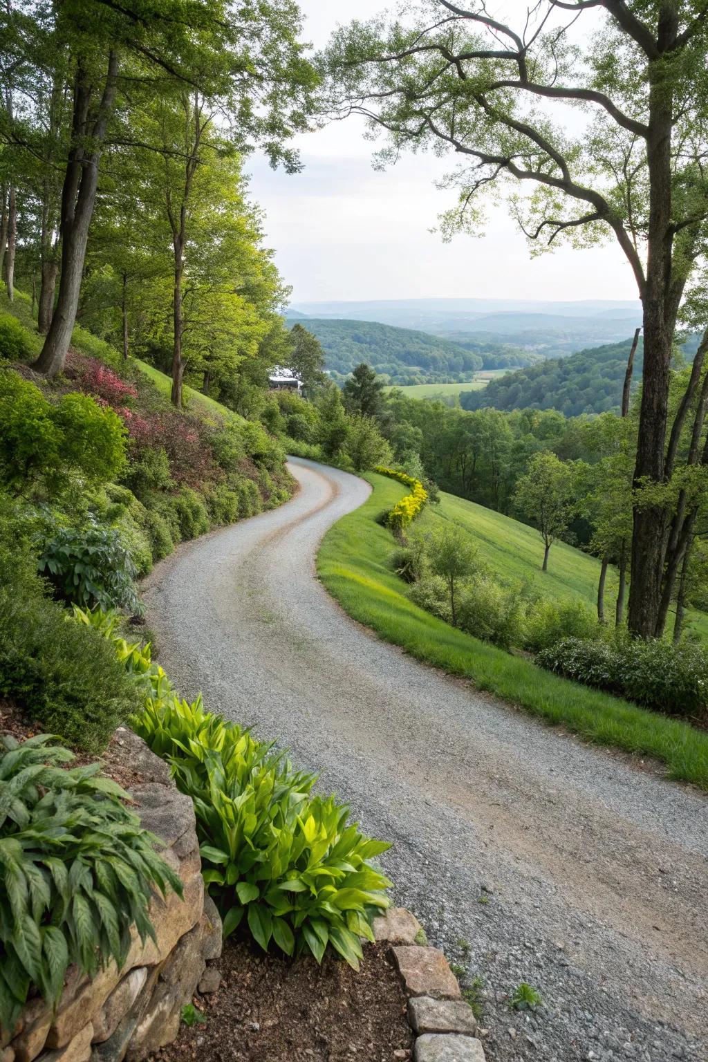 A gracefully curved driveway adding elegance and function.