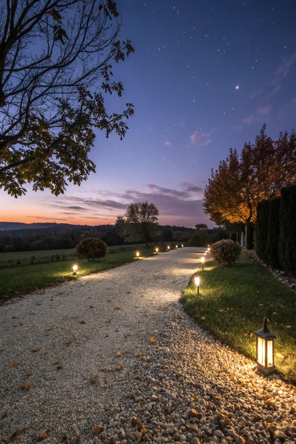 Solar path lights adding ambiance and safety to a driveway.