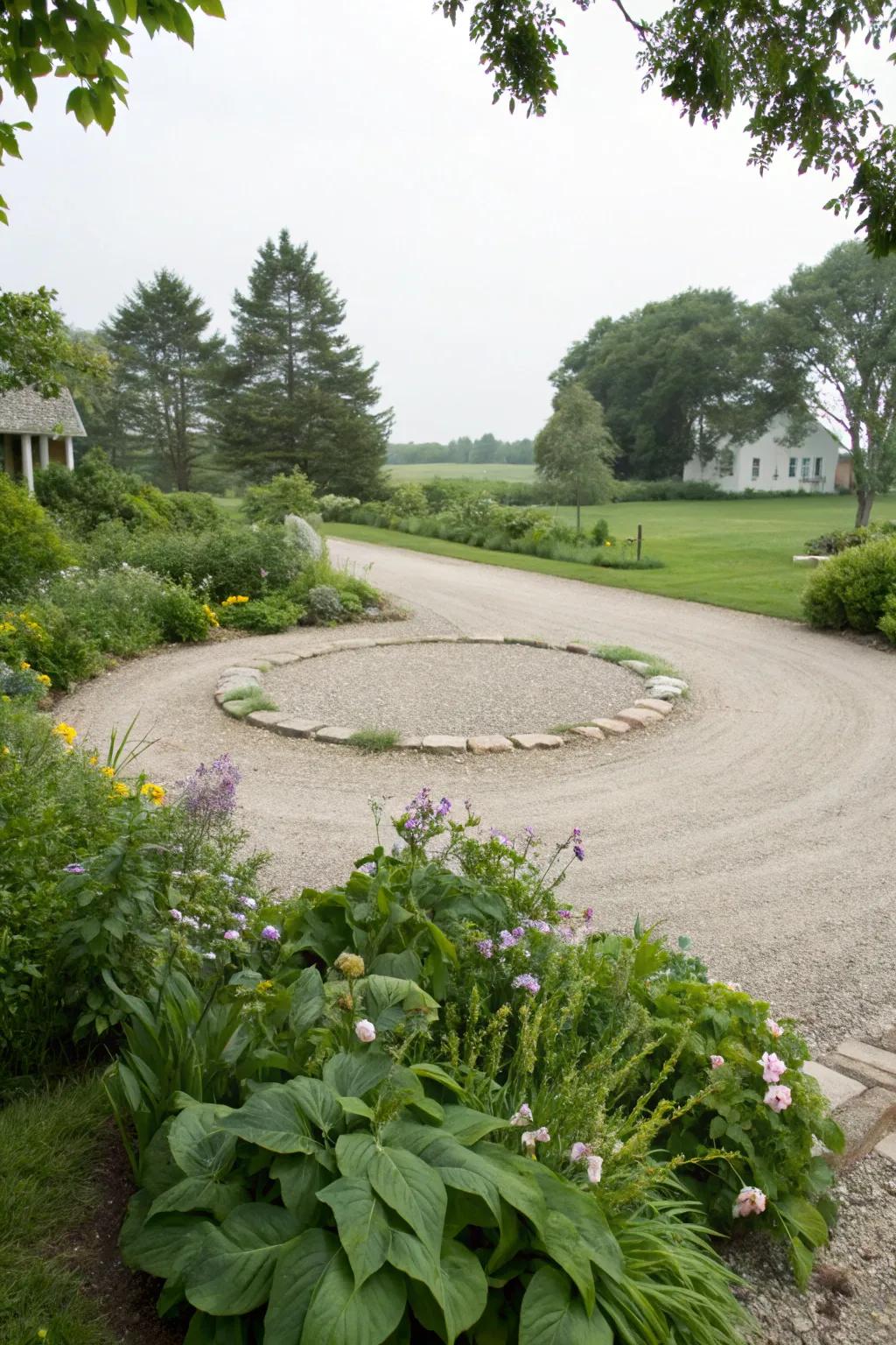 A practical turning circle enhancing driveway functionality.