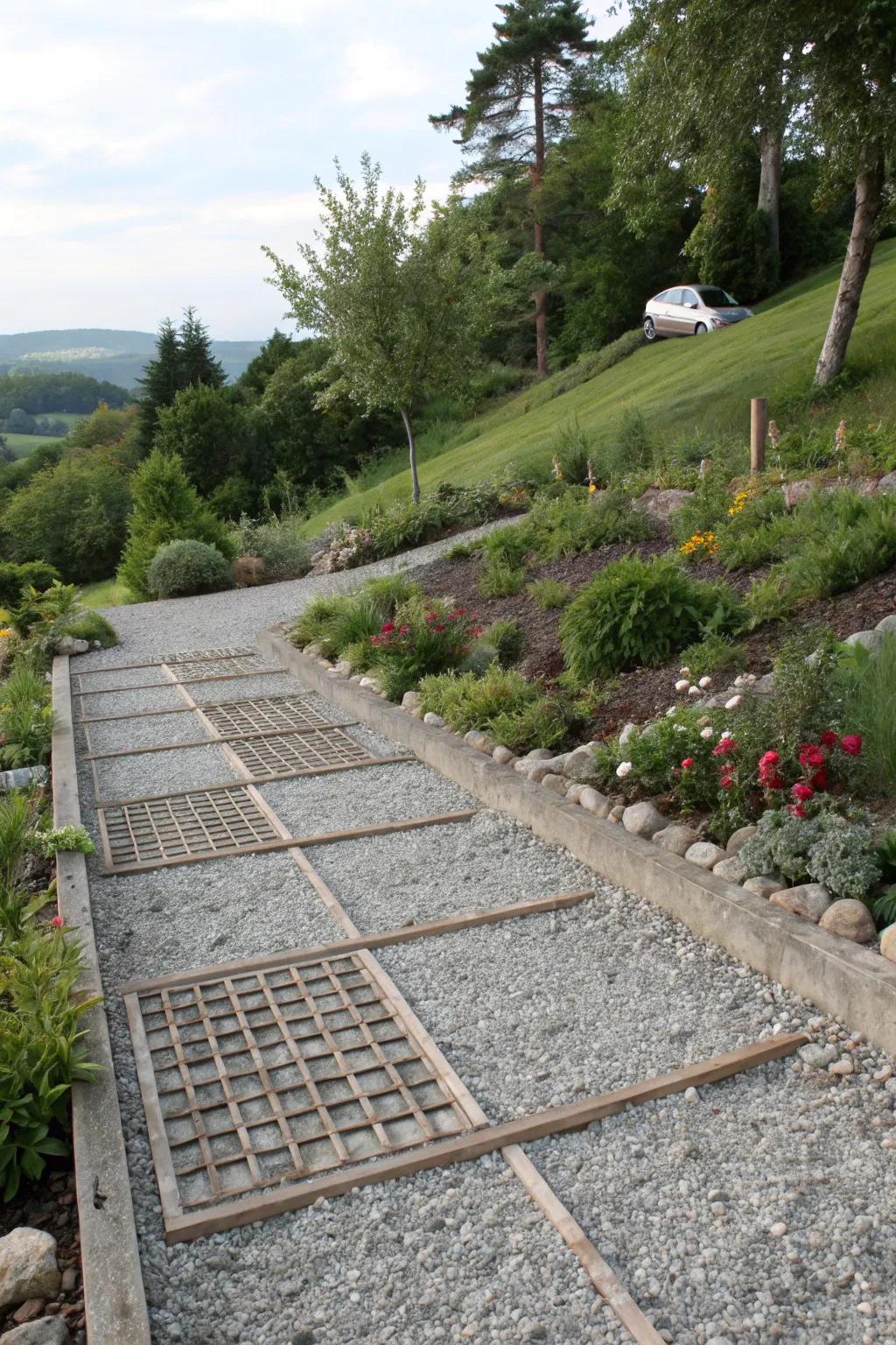 A grid system effectively stabilizing a gravel driveway on a slope.