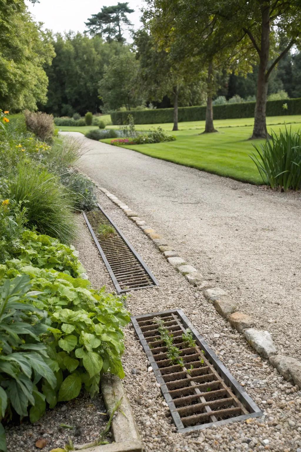 Efficient drainage channels preserving the integrity of a sloped driveway.