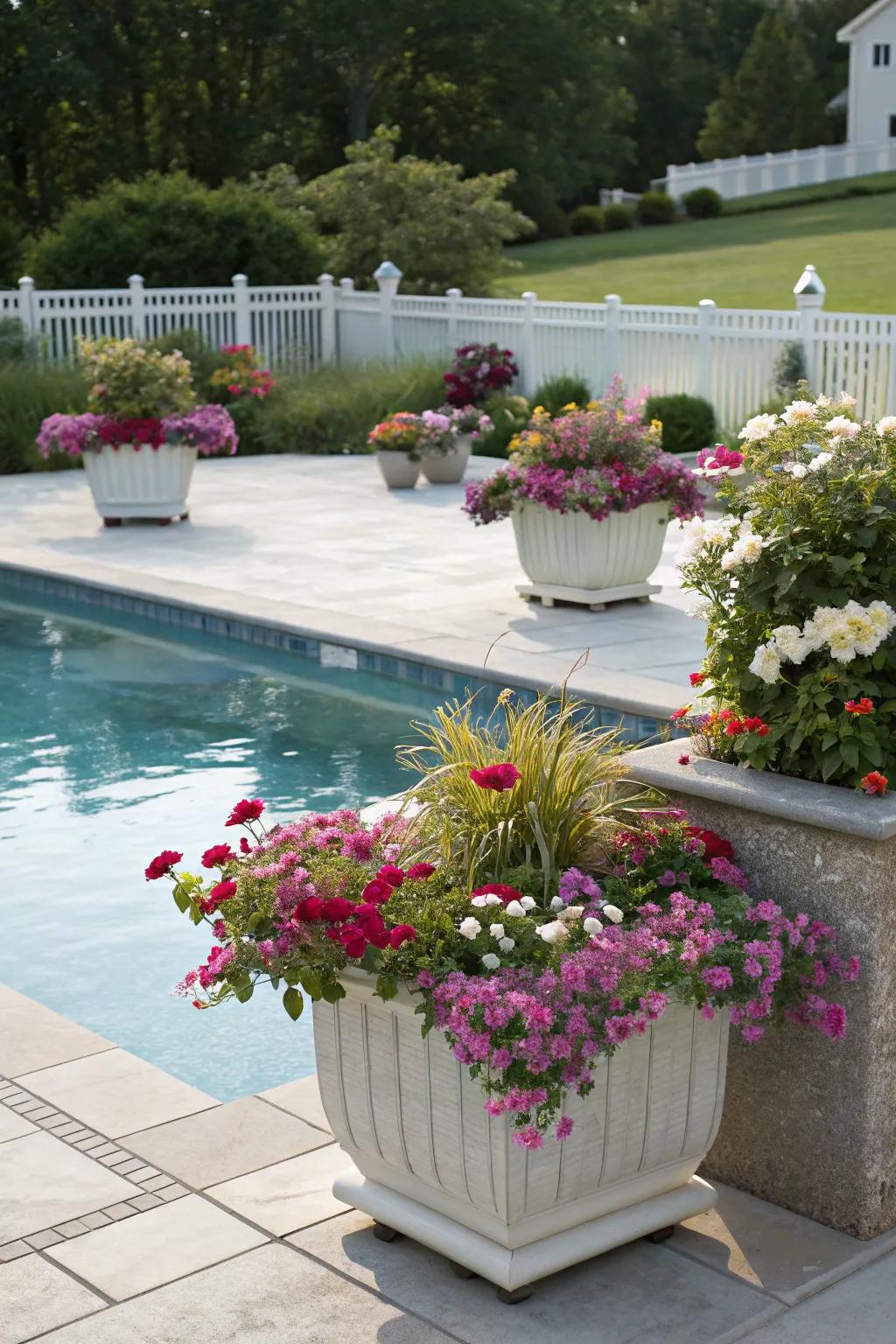 Matching planters enhance the natural beauty of your pool area.