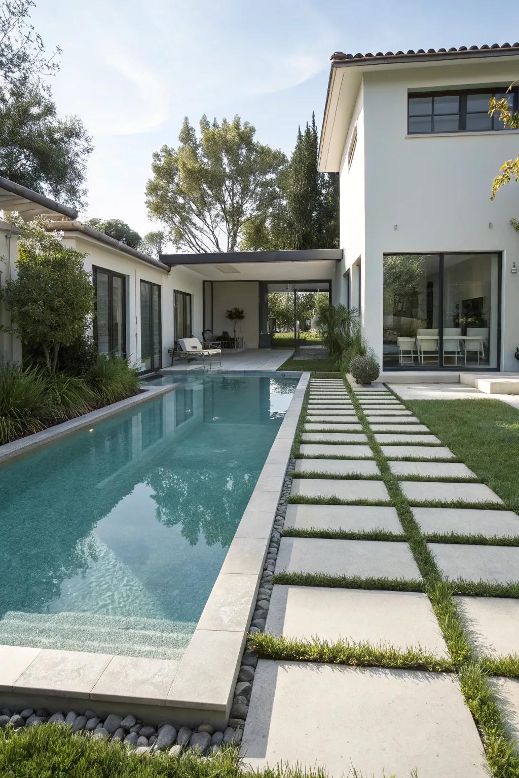 A modern front yard pool with sleek lines and minimalist charm.