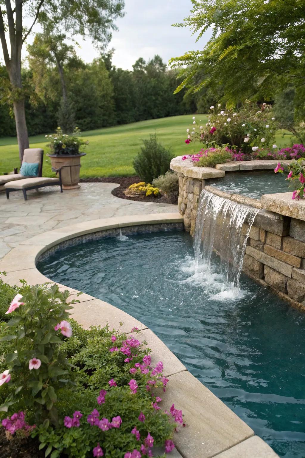 Waterfalls add a magical touch to any front yard pool.