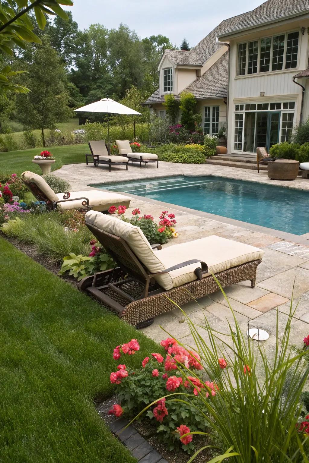 Seating areas create a welcoming space for relaxation by the pool.