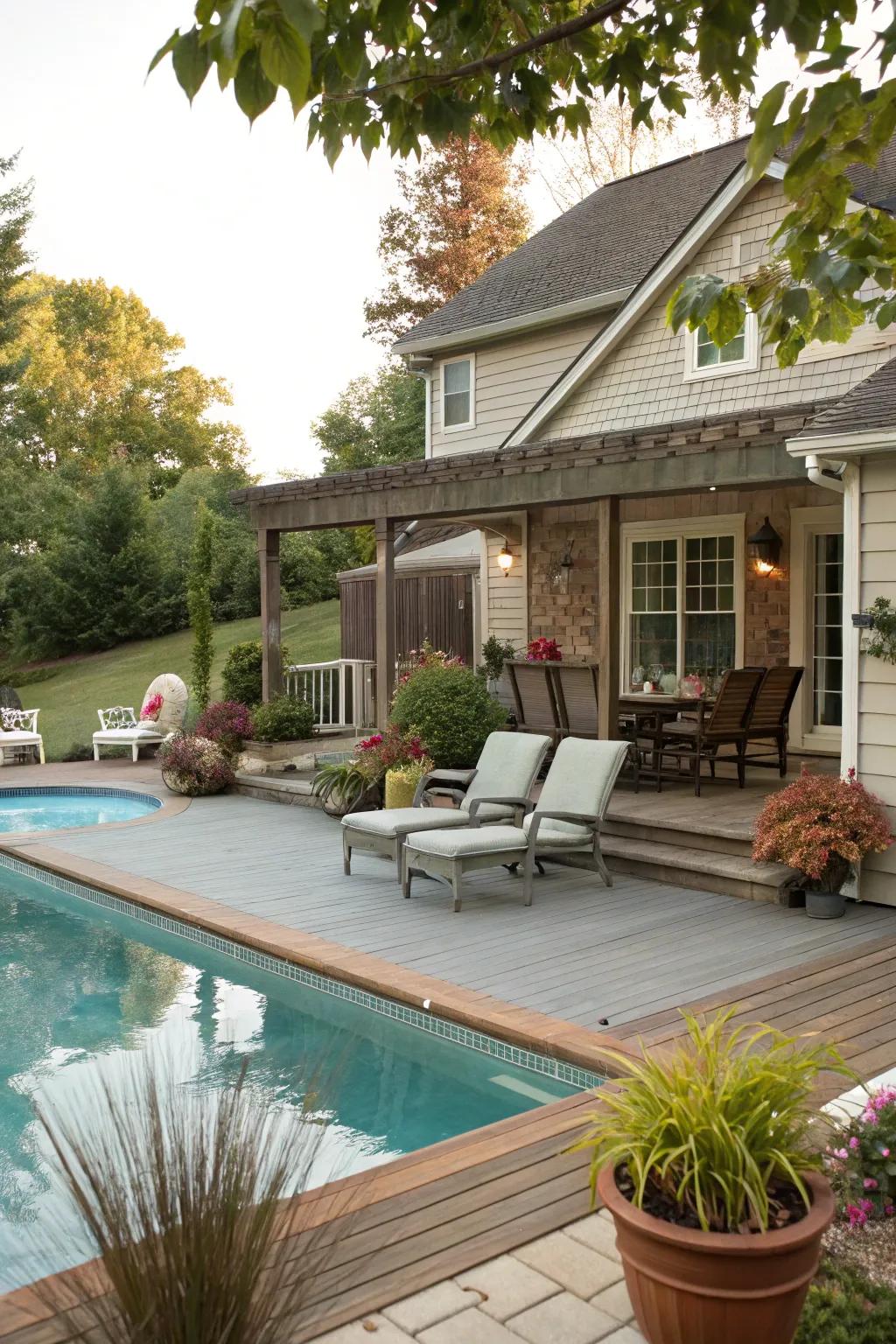 A patio and deck area offers a welcoming space for relaxation by the pool.