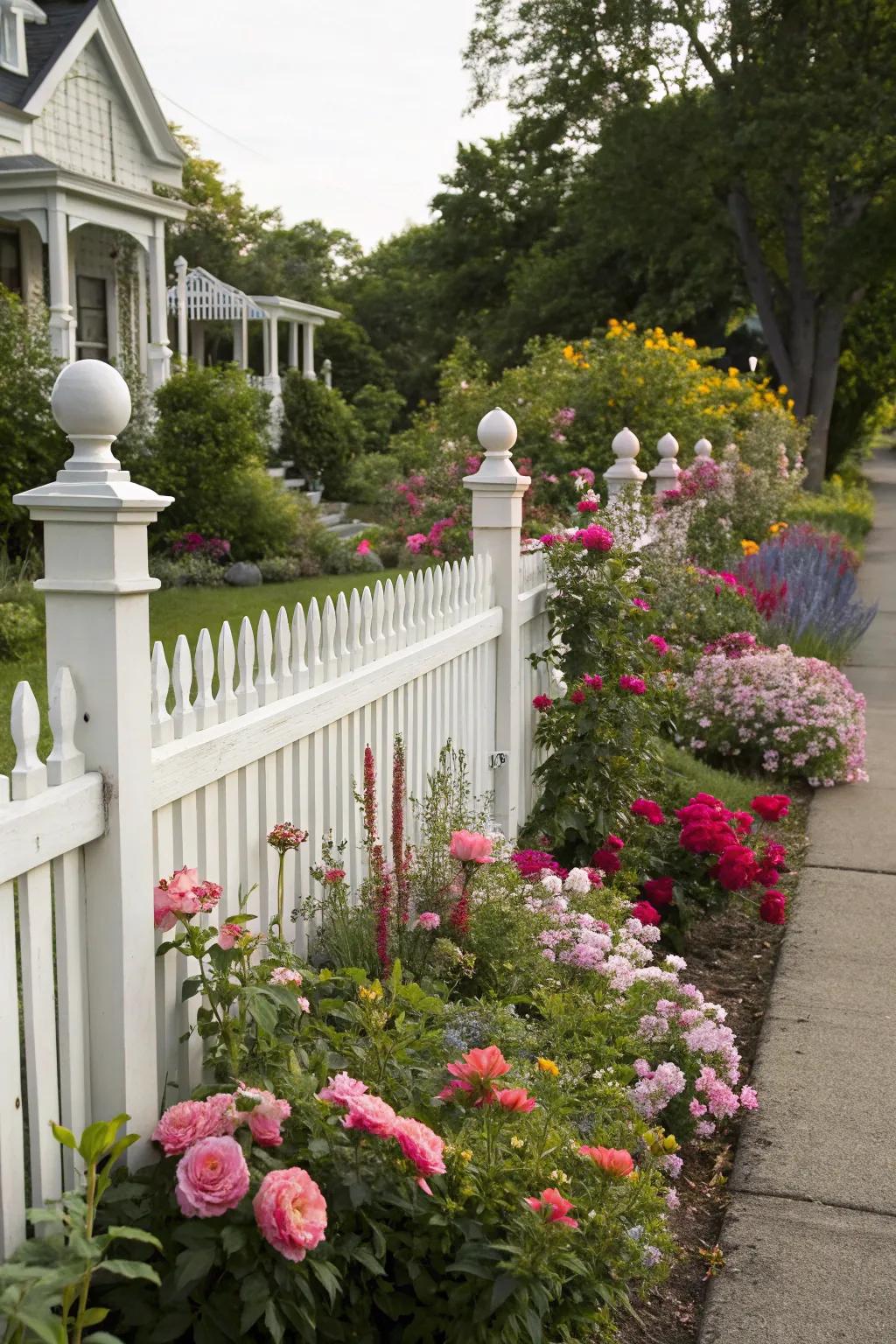 A white picket fence adds a timeless charm to any garden.