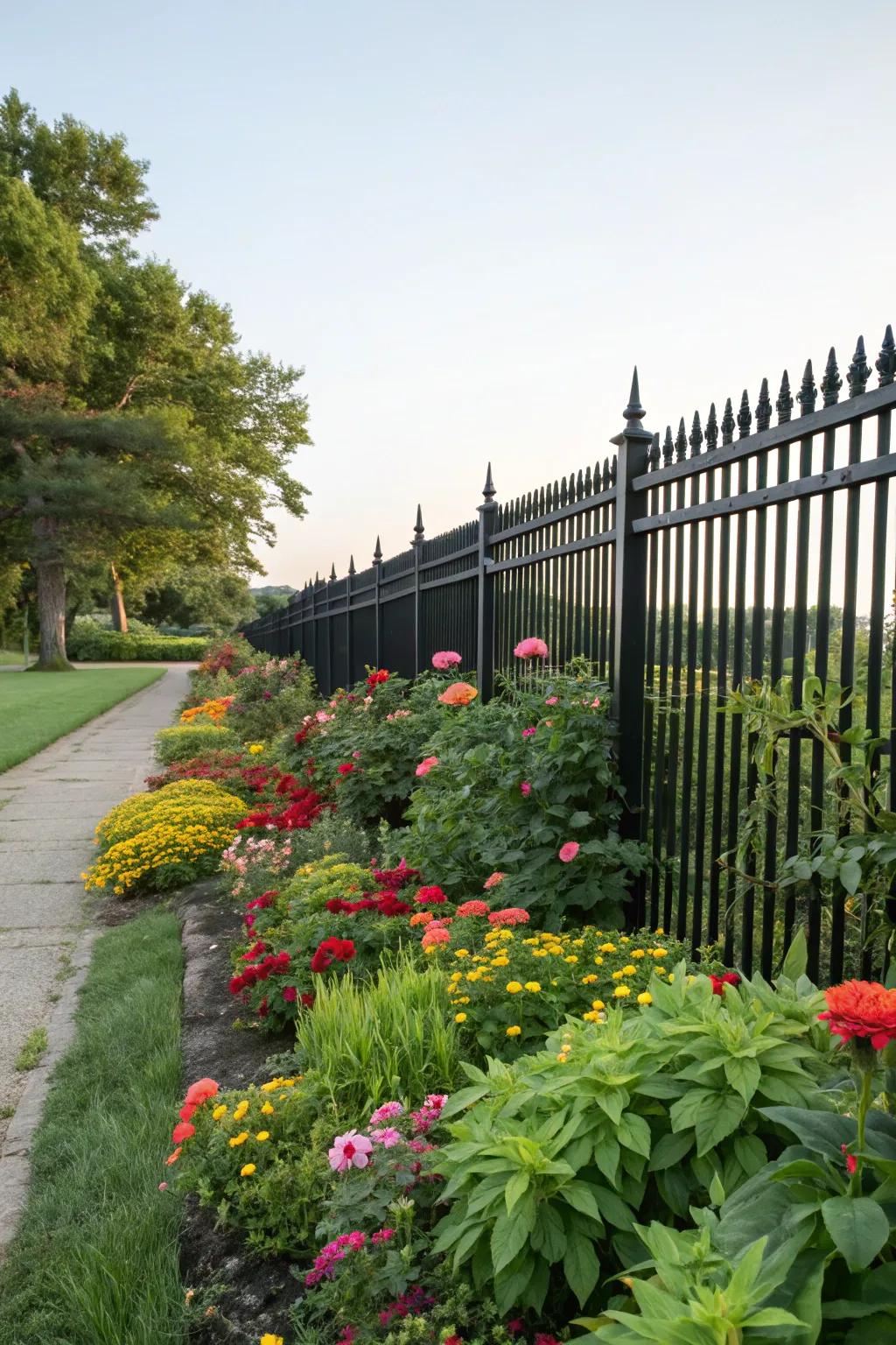 Black fences make a bold statement and highlight garden colors.