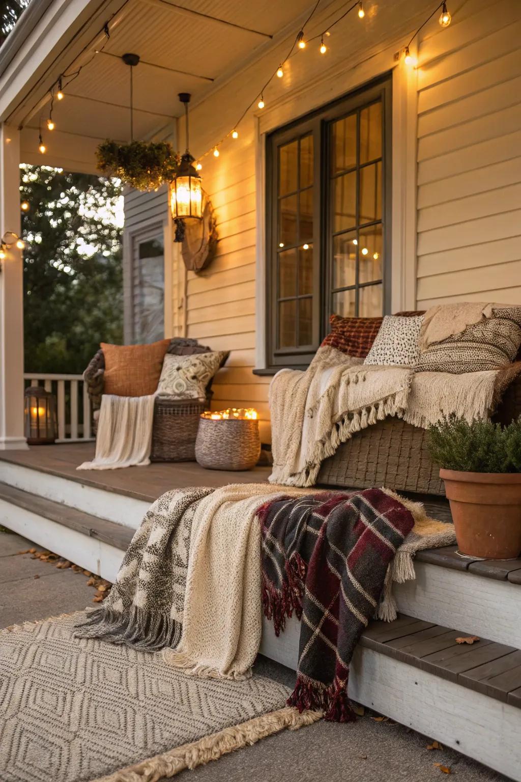 Layered textures create a warm, inviting porch atmosphere.