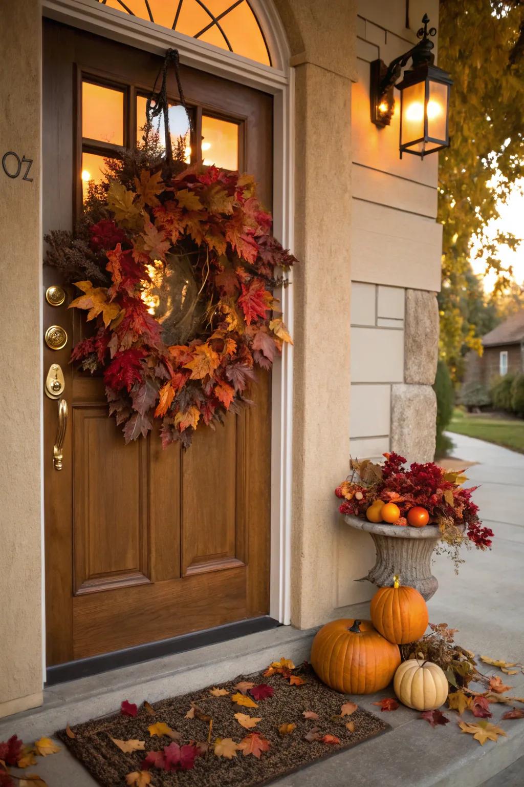 A harvest wreath makes a bold statement on your front door.