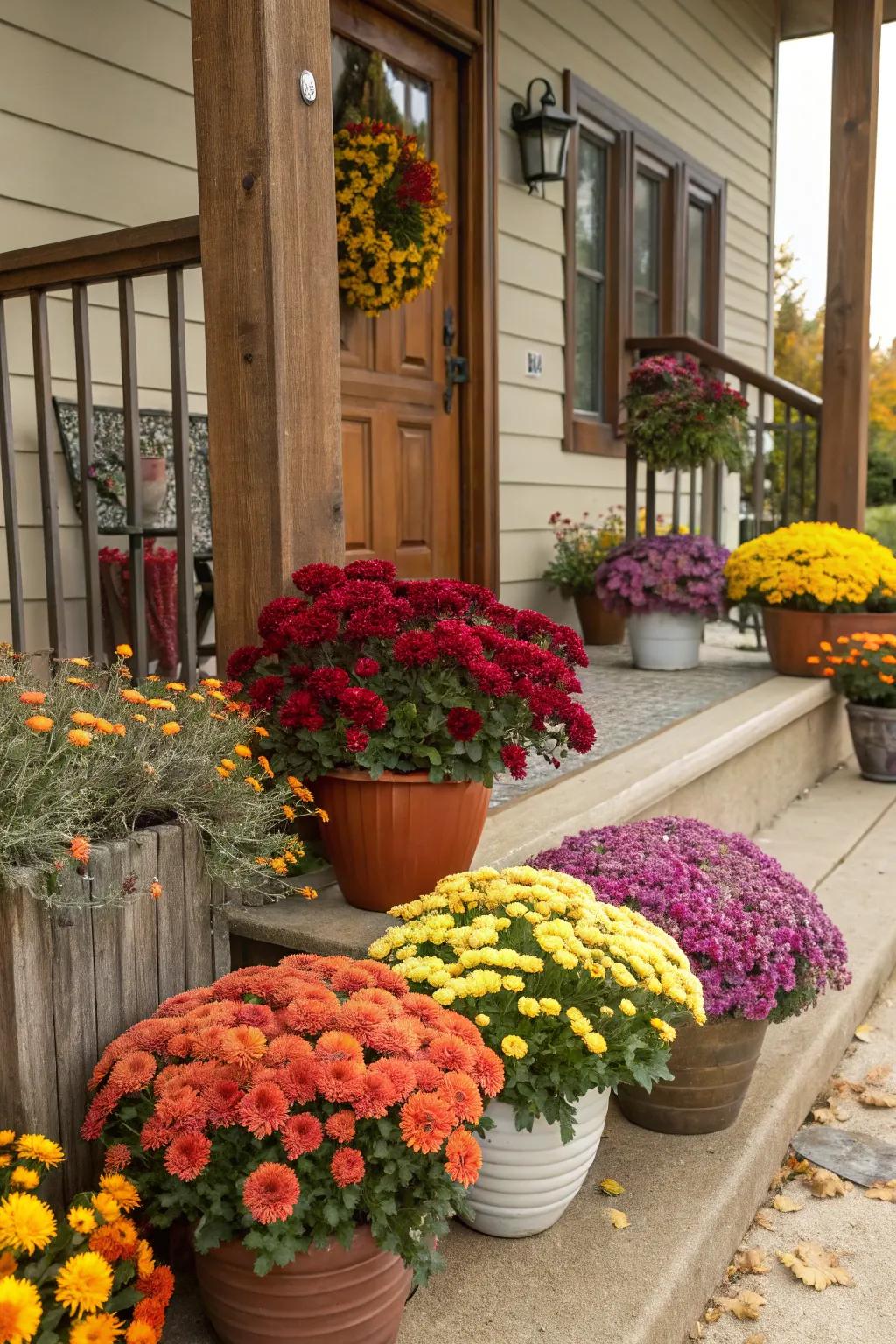 Potted flowers bring vibrant life to your autumn decor.
