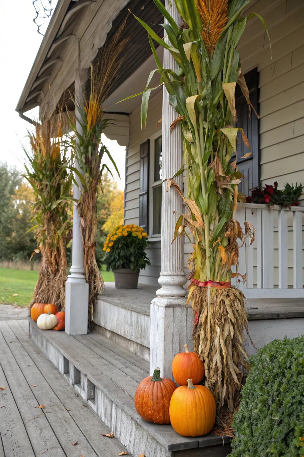 Corn stalks add height and rustic charm to your porch.