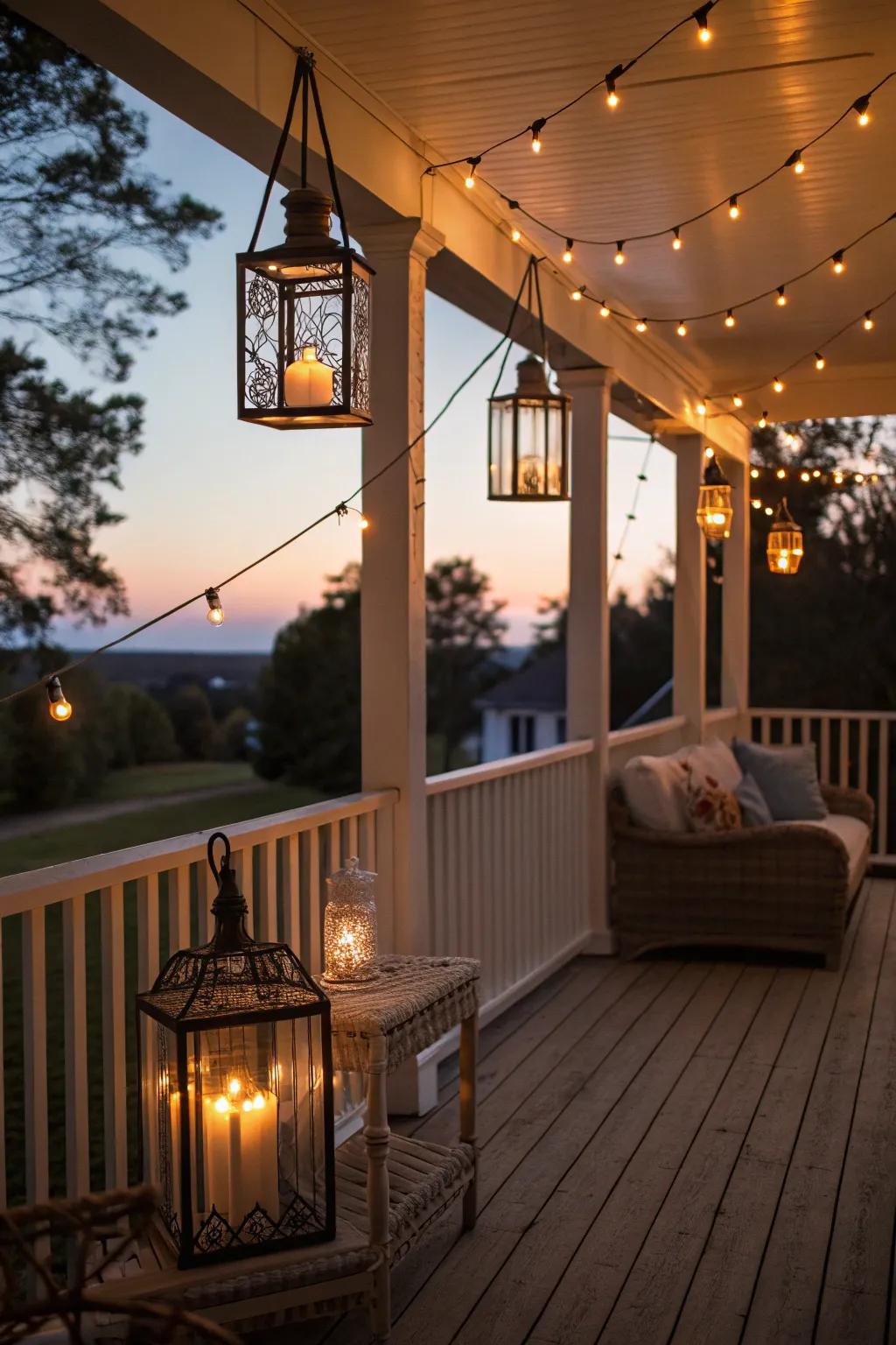 Lanterns add a soft, enchanting glow to your porch.