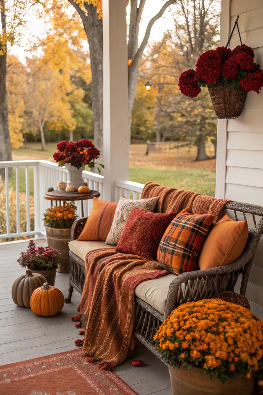 Warm colors set the stage for a cozy autumn porch.