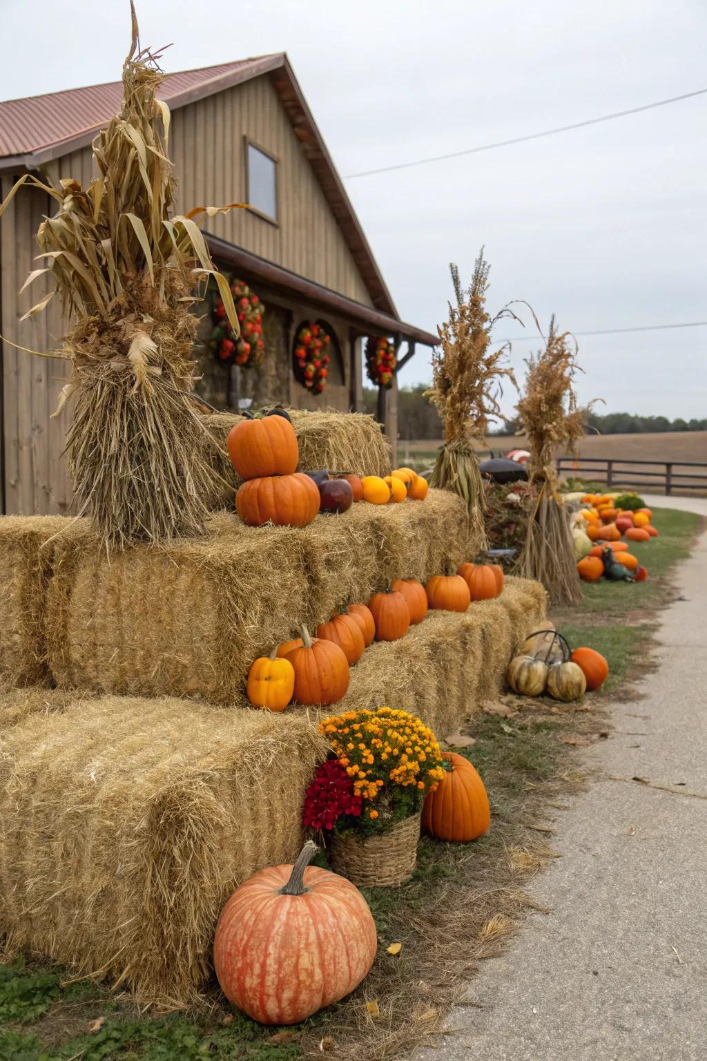 Hay bales create a textured base for autumn displays.