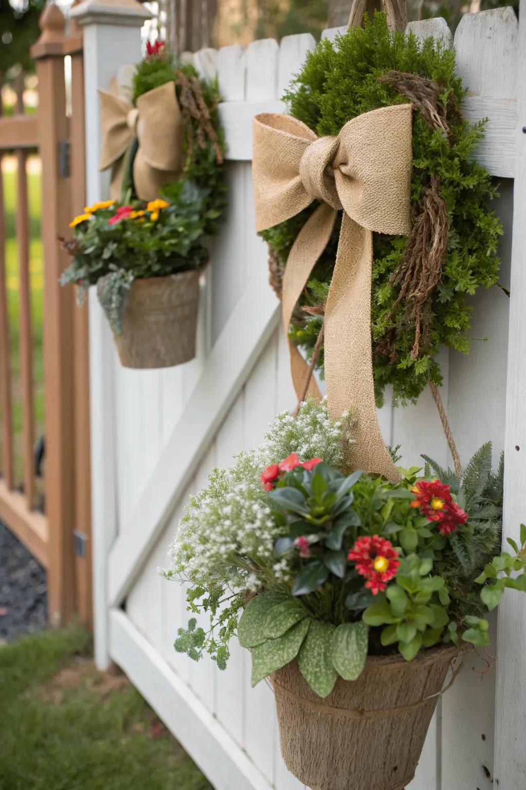 Burlap and ribbons bring a homespun touch to decor.