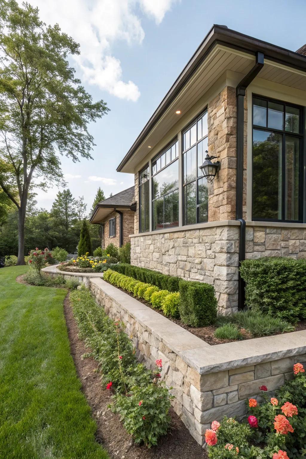 Stone veneers can transform a block foundation into a sophisticated feature.