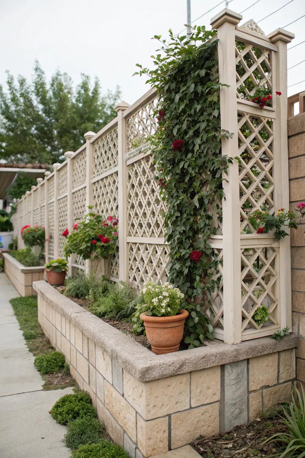 Lattice work adds rustic charm and complements garden decor.