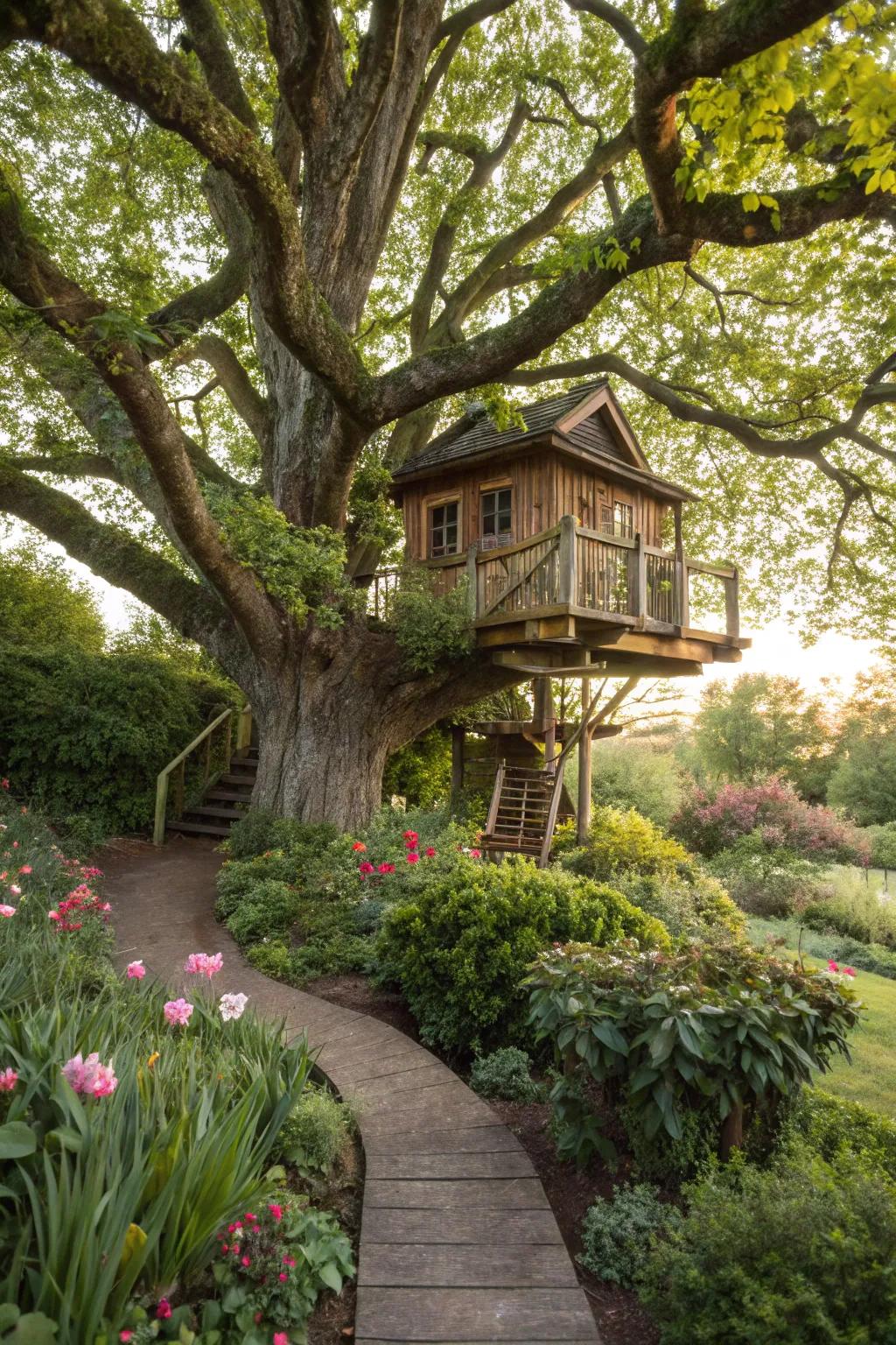 A treehouse adds whimsy and adventure to your garden.