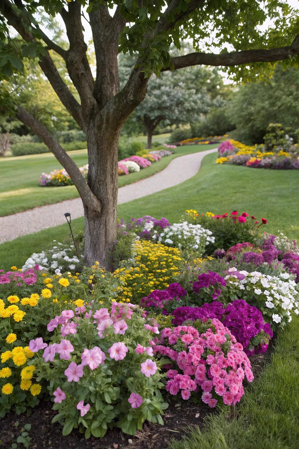 Brighten your garden with vibrant flowers around your trees.