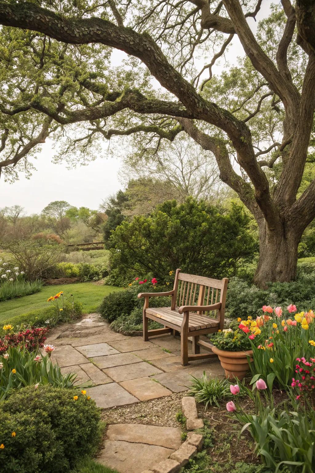 Relax in a cozy seating area under the shade of your tree.
