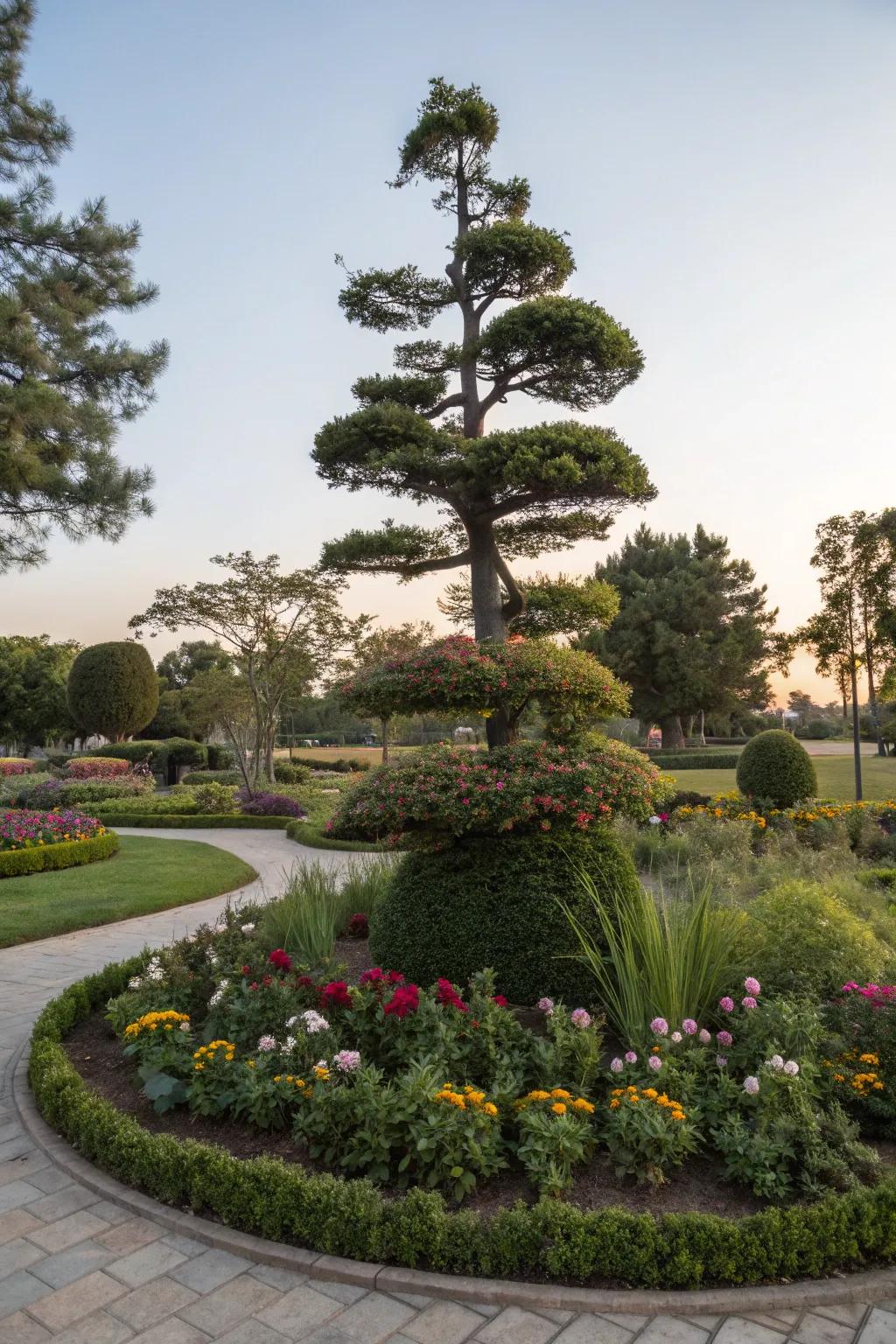 Layered planting adds depth and interest around trees.