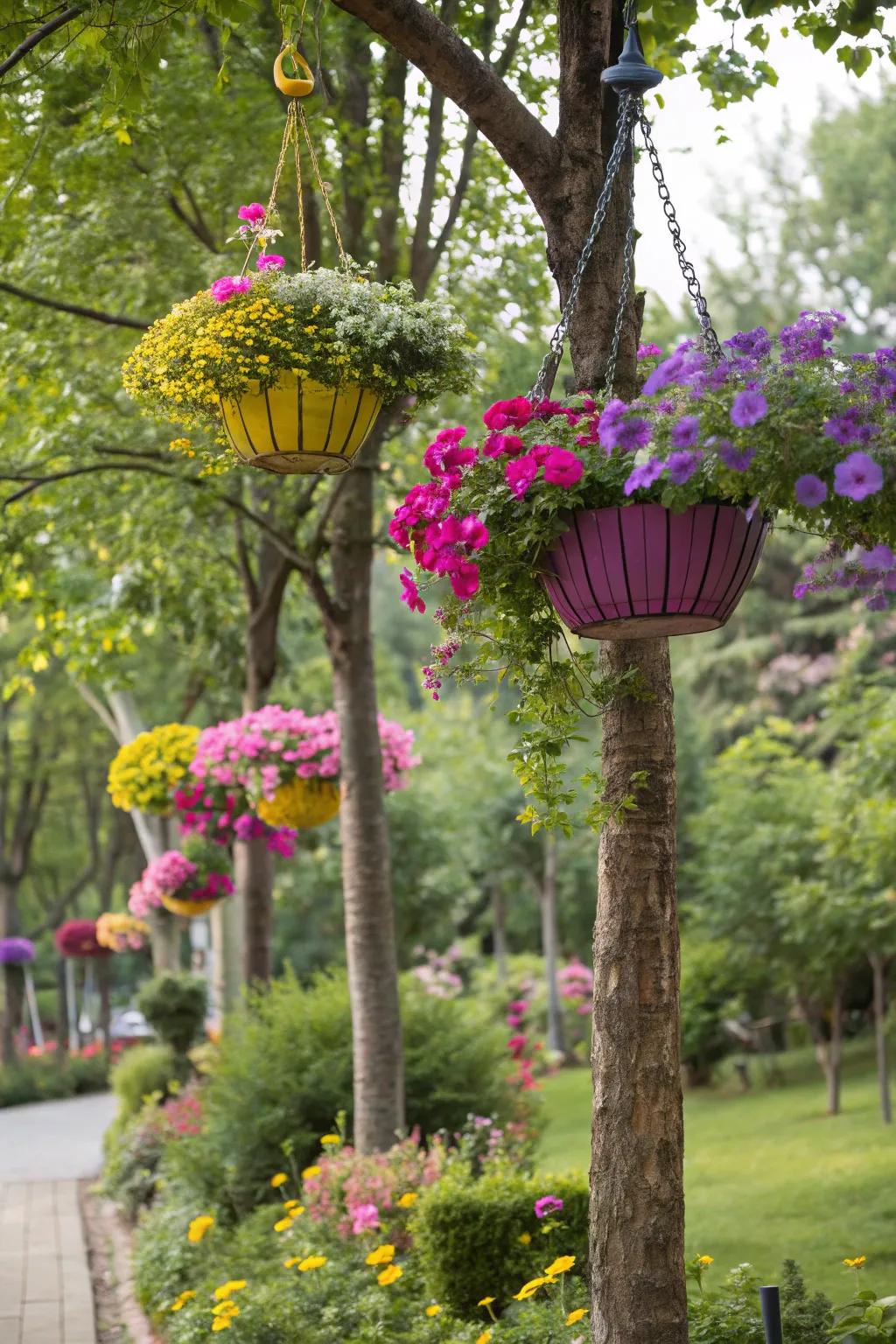 Hanging planters add vertical interest and beauty to your trees.